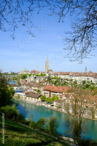 View to the old city of Berne, capital of switzerland, with river Aare, vertical