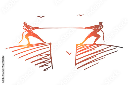 Hand drawn people dragging rope to different sides
