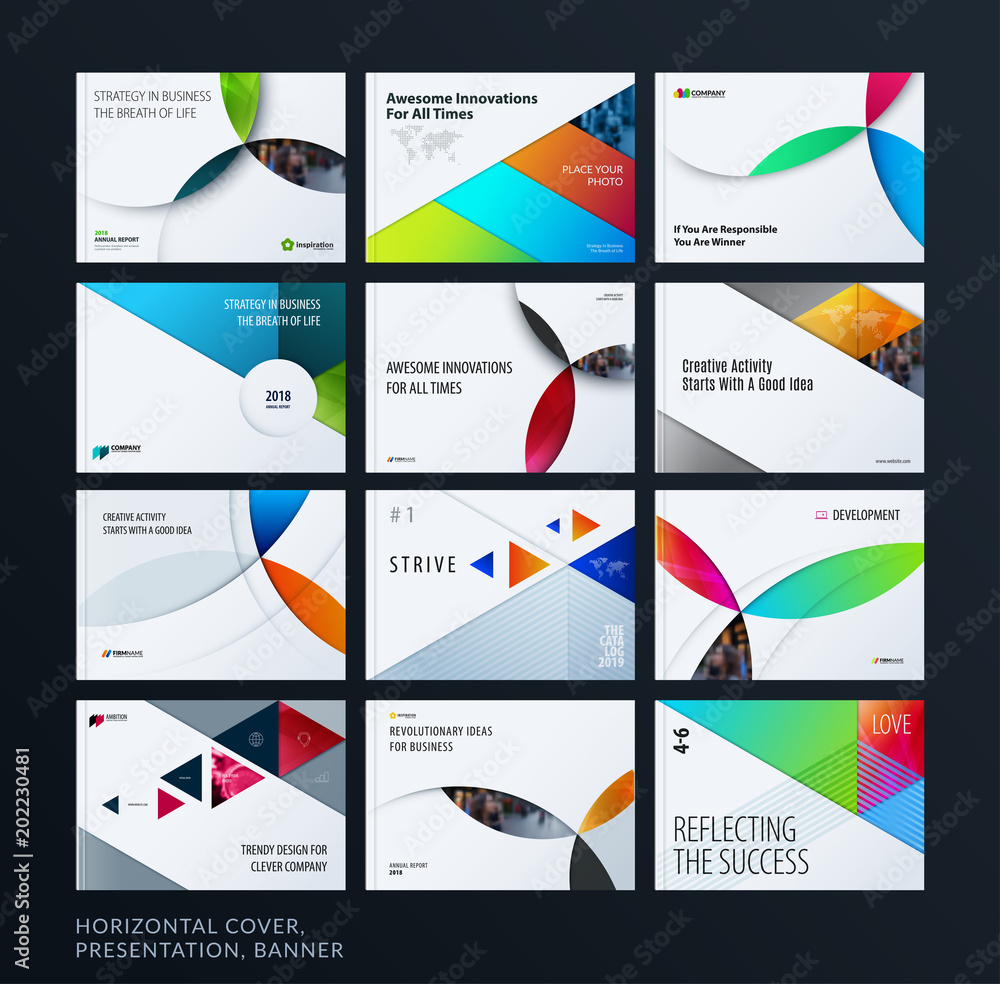 Material design presentation template with colourful circles intersections. Abstract vector set of modern horizontal banners