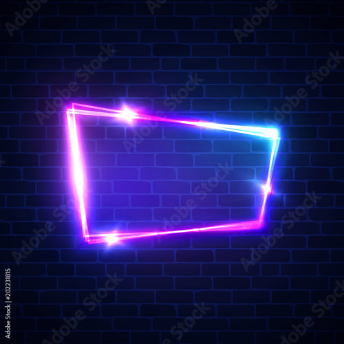 Night club neon sign on brick wall background. Blank 3d retro frame with shining neon lights. Disco show advertising street banner with glowing on brick texture. Color vector illustration in 80s style