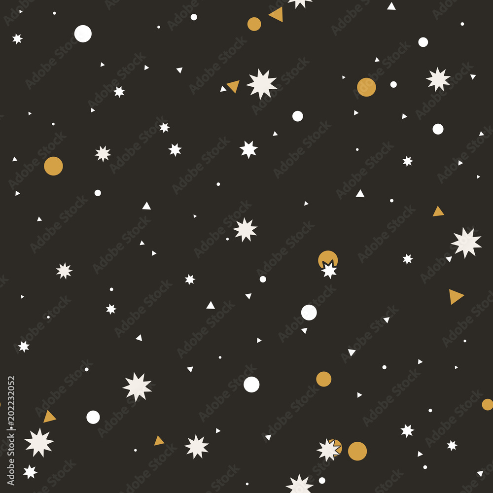 Abstract seamless pattern with white, gold, chaotic small stars, circles and triangles on beige. Infinity geometric pattern. Vector illustration. Abstract seamless pattern with white, gold, chaotic small stars, circles and triangles on beige. Infinity geometric pattern. Vector illustration.