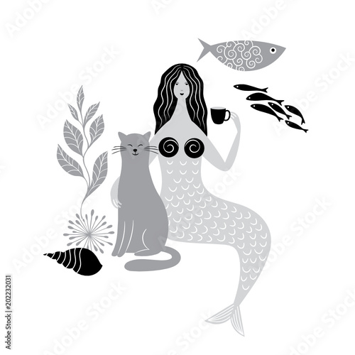 Vector illustration with cute mermaid and cat, black and white 