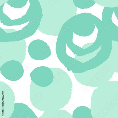 Mint grunge geometric seamless pattern with hand drawn brush strokes, circles, rings, paint splashes geometrical shapes. Messy texture, grungy background. Vector.