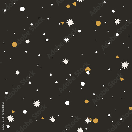 Abstract seamless pattern with white  gold  chaotic small stars  circles and triangles on beige. Infinity geometric pattern. Vector illustration.  