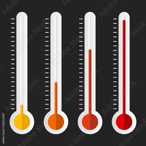 Heat meter with different temperatures and colors isolated on dark background. Four step thermometer infographic elements.
