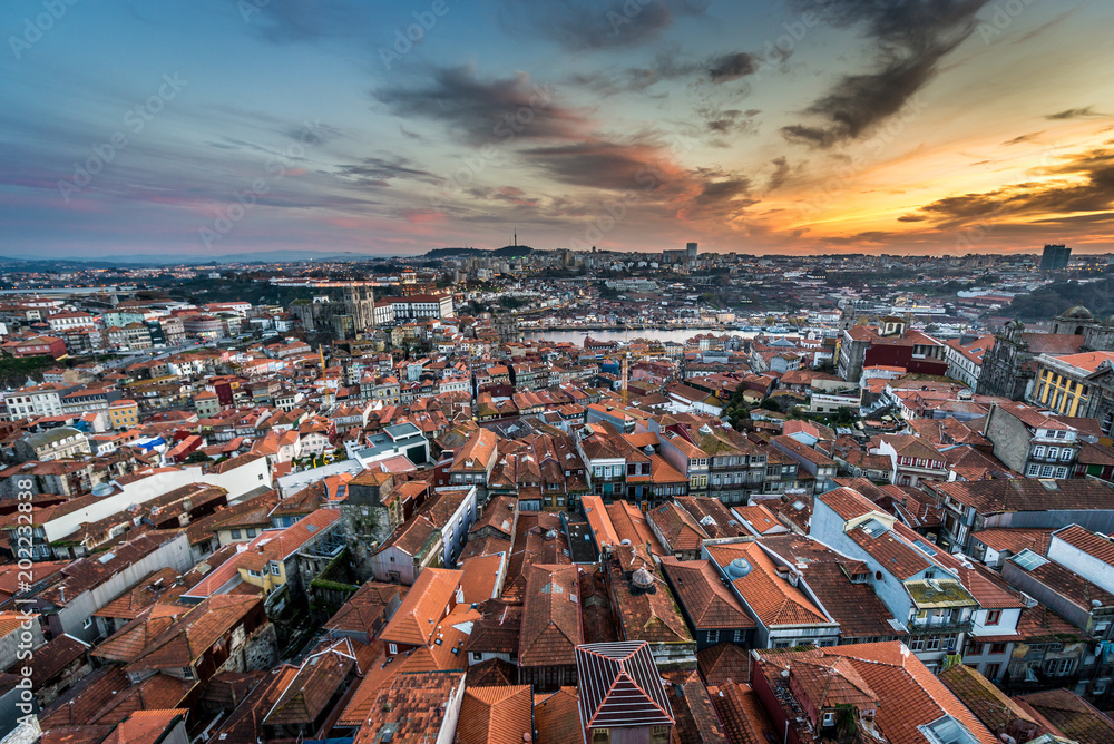 Evening in Porto city, Portugal seen from Clerigos Tower