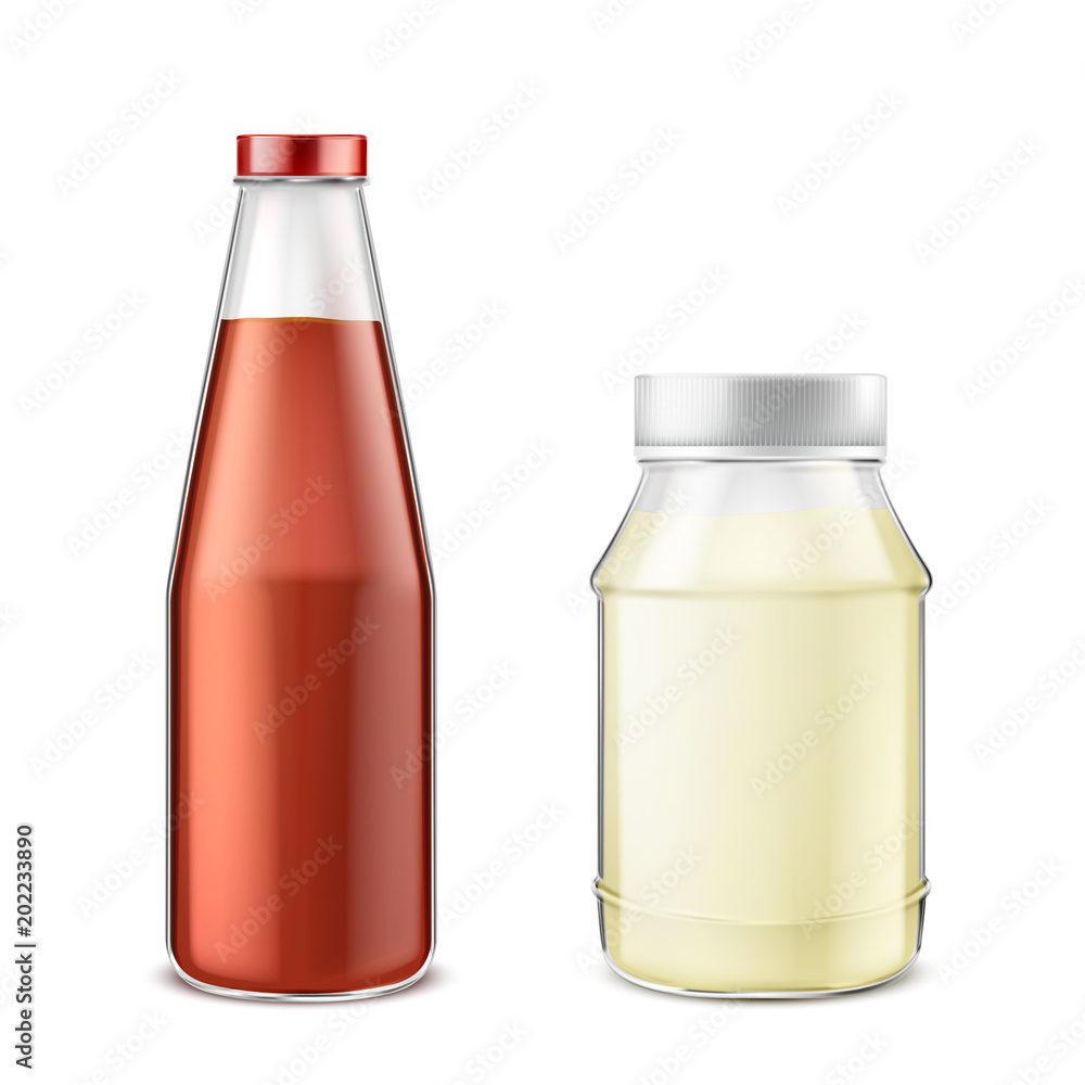 Vector realistic set of glass bottle with ketchup and jar with mayonnaise isolated on background. Natural tomato sauce and fatty mayo, condiment for eating and cooking. Mockup for package design Vector realistic set of glass bottle with ketchup and jar with mayonnaise isolated on background. Natural tomato sauce and fatty mayo, condiment for eating and cooking. Mockup for package design
