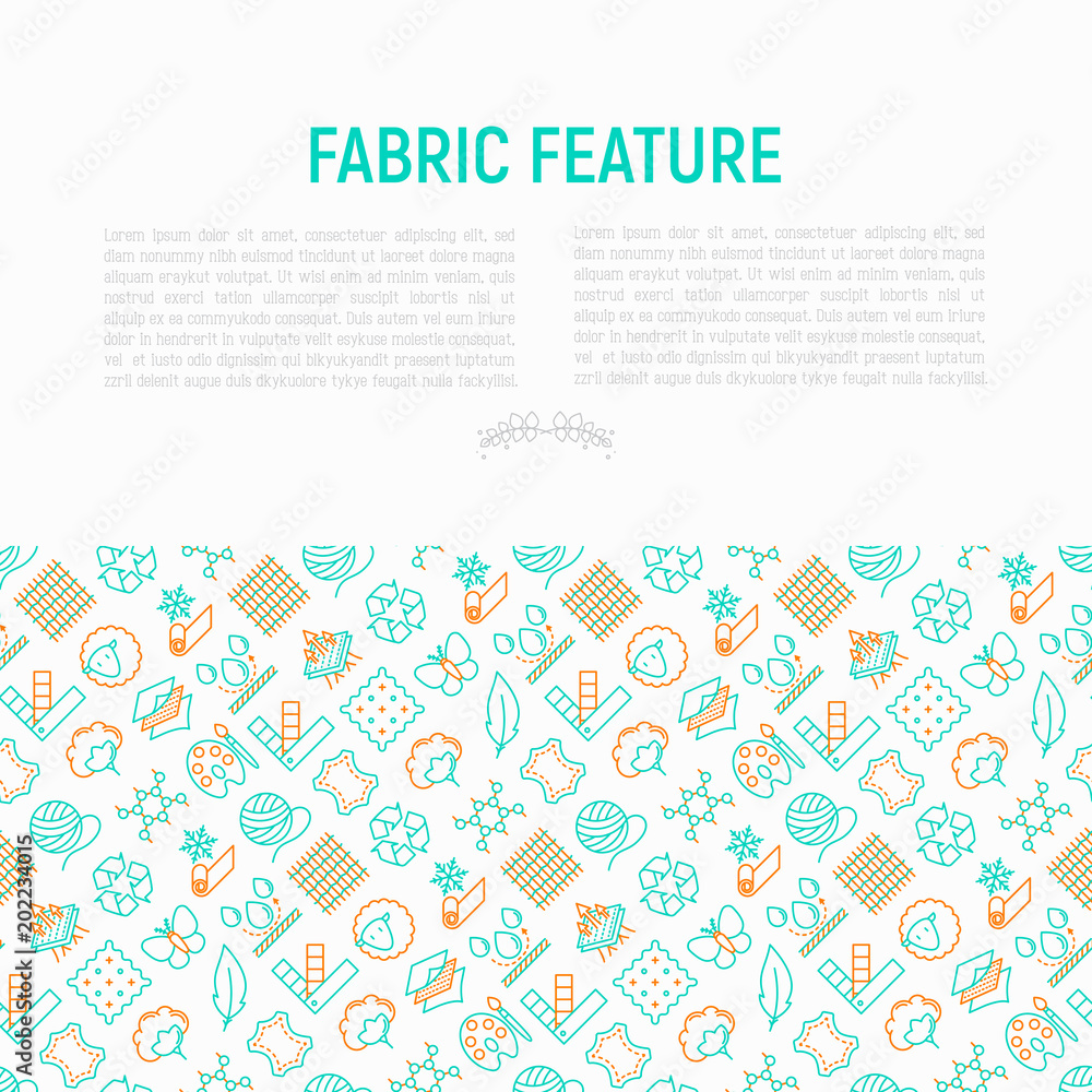 Fabric feature concept with thin line icons: leather, textile, cotton, wool, waterproof, acrylic, silk, eco-friendly material, breathable material. Modern vector illustration for banner, print media