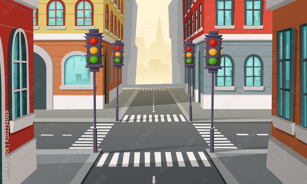 Vector city crossroads with traffic lights, intersection. Cartoon  illustration of urban highway, street crosswalk. Town buildings view,  architecture background. Stock Vector | Adobe Stock
