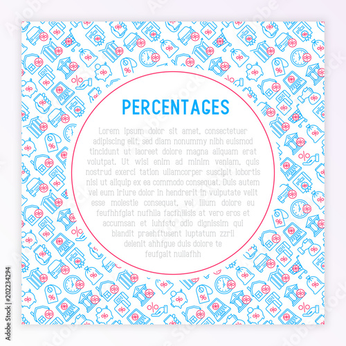 Percentages concept with thin line icon: loan, credit, offer, interest rate, sale, discount, percentage graph of growth or fall, leasing, on screen of smartphone, laptop. Modern vector illustration.