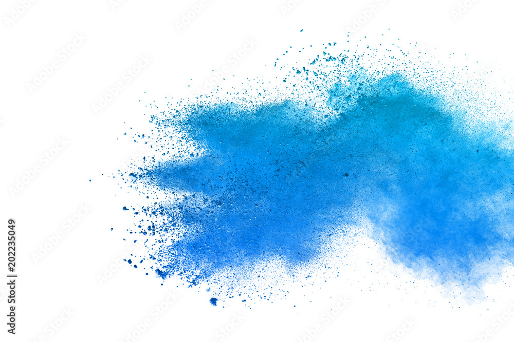 Blue Powder explosion on white background