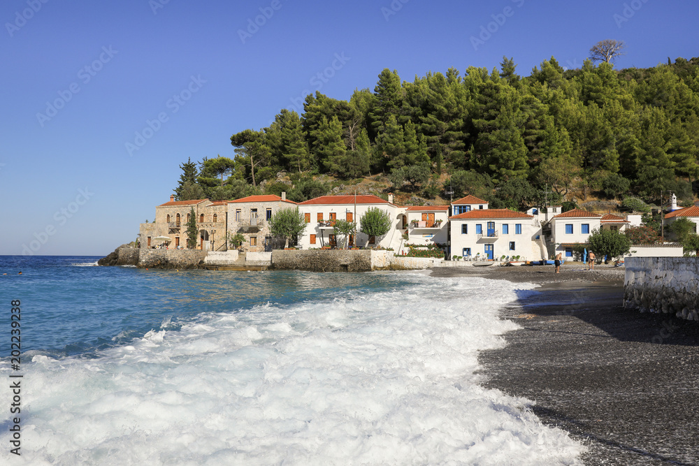 Beautiful seascape of the greek village Kiparissi Lakonia, Peloponnese during summer holidays.