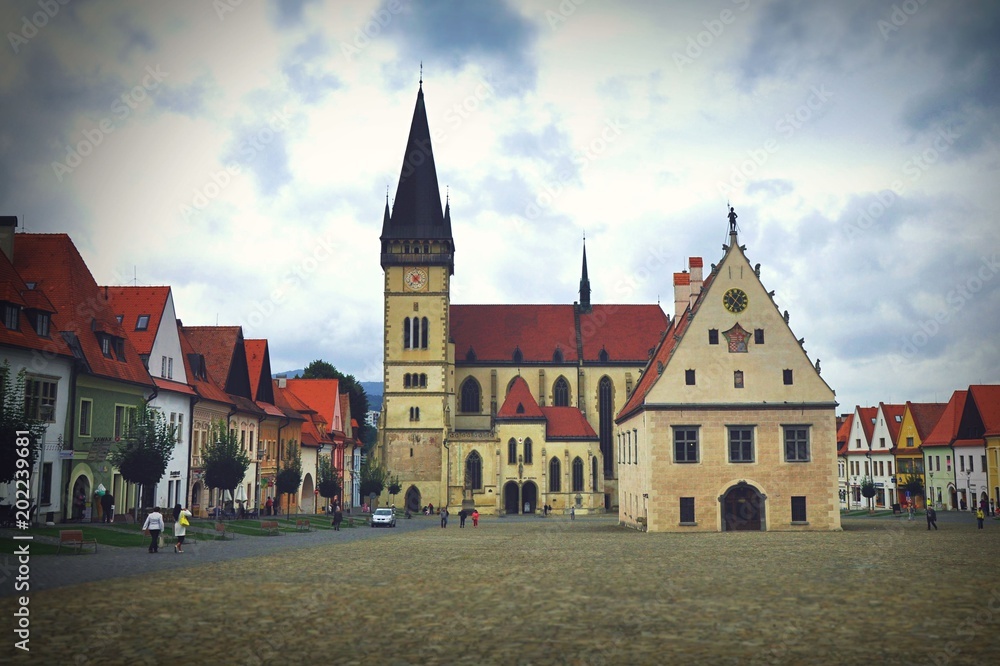 Bardejov town square with a church and a town hall, slovakian beautiful UNESCO town, Europe.