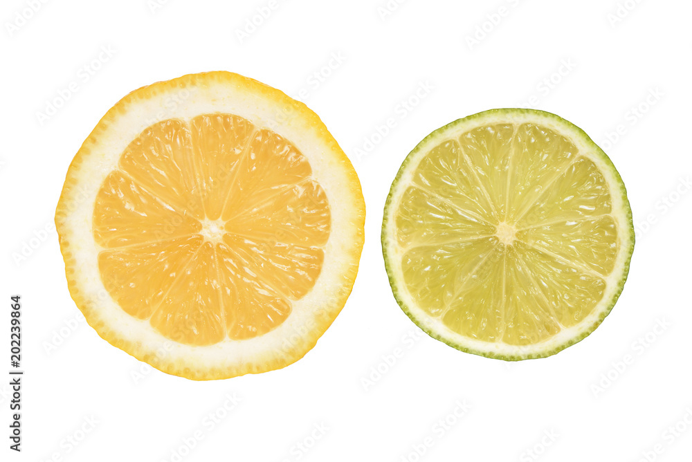 Sliced lemon and lime, comparison, on a white surface, isolated