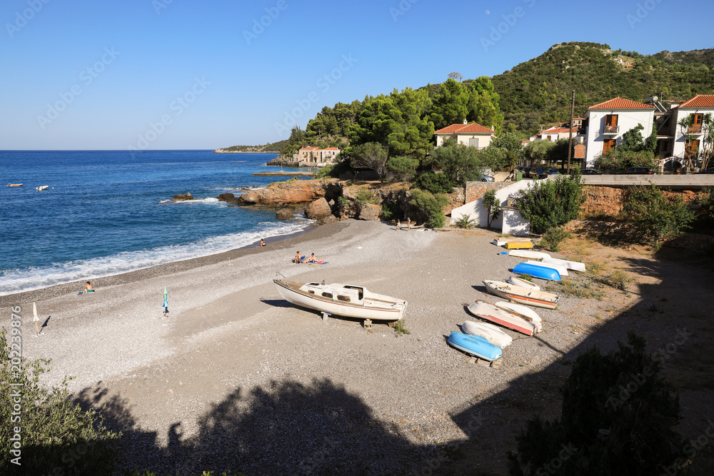 Fantastic seascape beautiful beach of the greek village Kiparissi Lakonia, Peloponnese during summer holidays.