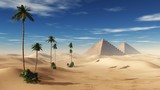 pyramids in the sandy desert with palm trees,
3D rendering