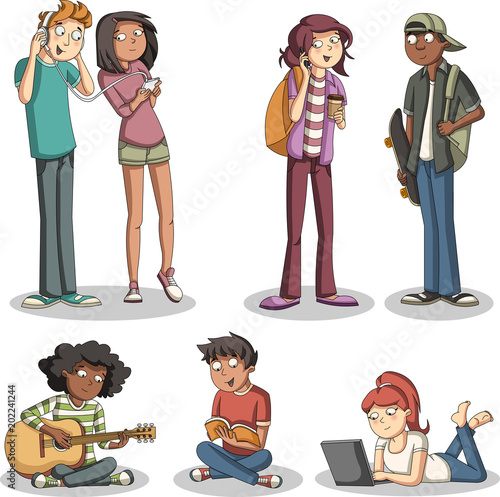 Group of cartoon young people. Teenagers.