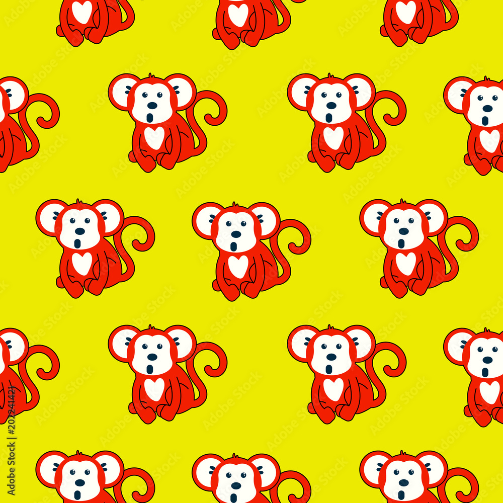 Monkey red and yellow seamless vector pattern.