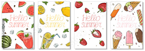Collection of colorful cards on the summer theme. Vector illustration in sketch style. Refreshing drinks, fruit and ice cream.