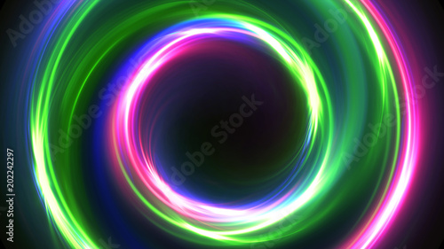 Abstract multicolor 3d illustration neon background luminous swirling Glowing circles. Black elegant. Halo around. Power isolated. Sparks particle.Space tunnel. LED color ellipse. Glint glitter.