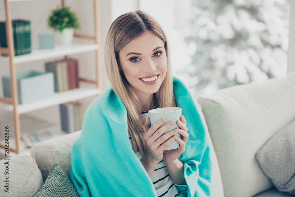 Portrait of pretty, nice, cute, sweet, cheerful, stylish girl covered plaid looking at camera, getting warm after walk in winter time, having mug of coffee in hands, sitting in living room interior Portrait of pretty, nice, cute, sweet, cheerful, stylish girl covered plaid looking at camera, getting warm after walk in winter time, having mug of coffee in hands, sitting in living room interior