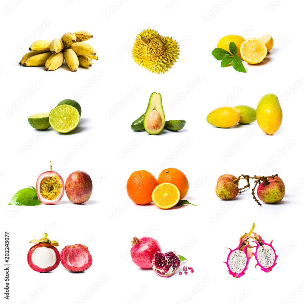 Large Tropical Fruit Collage Isolated On White Background Stock Photo 