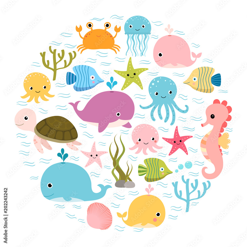 Fototapeta premium Śliczne kolorowe animowane zwierzęta morskie w kółku na projekty dla dzieci, zaproszenia dla dzieci i letnie kartki z życzeniami