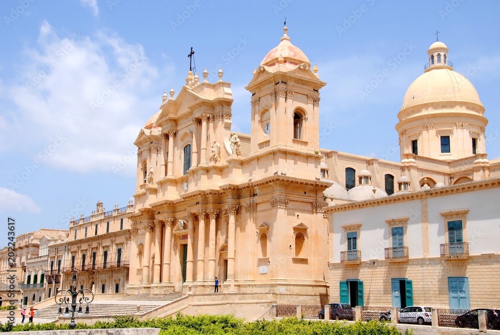 Noto Cathedral (Cattedrale di Noto; La Chiesa Madre di San Nicolò), Sicily, Italy in pale yellow limestone in the style of the Sicilian Baroque; UNESCO World Heritage Site 