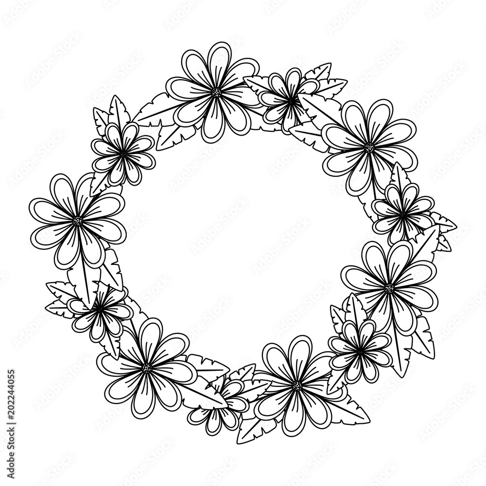wreath of beautiful flowers and leaves over white background, black and white design. vector illustration wreath of beautiful flowers and leaves over white background, black and white design. vector illustration