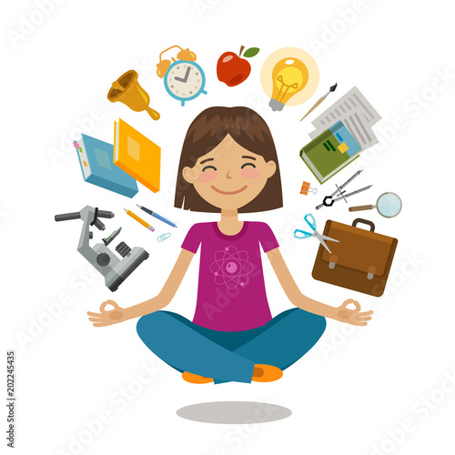 School, college concept. Funny student sitting in lotus pose. Vector illustration
