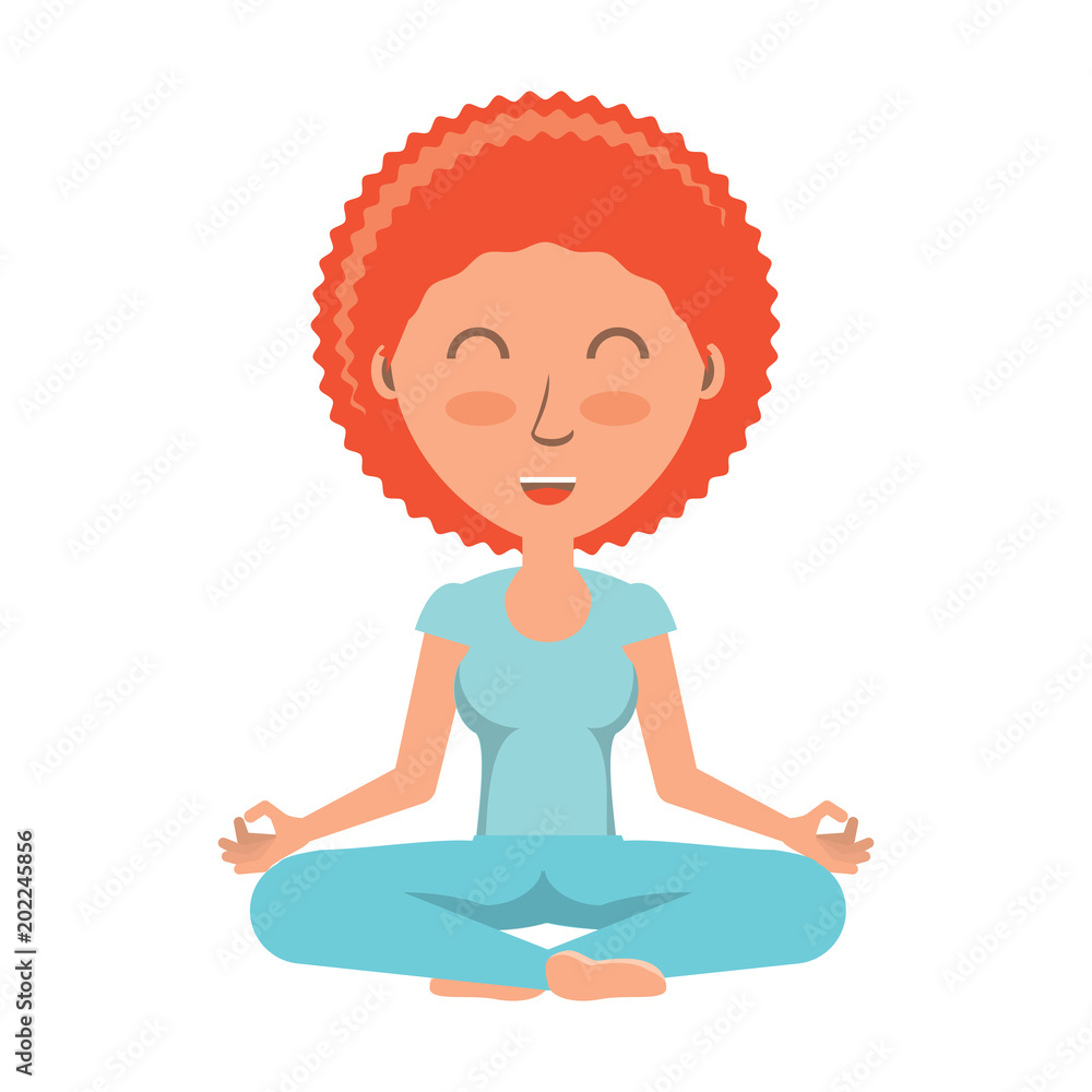 cartoon yogi woman practicing yoga over white background, colorful design. vector illustration