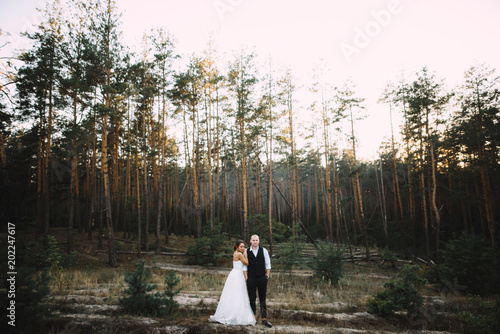 Beautiful newlyweds on nature in the forest. Bride in a luxurious wedding dress. The groom in a stylish tuxedo