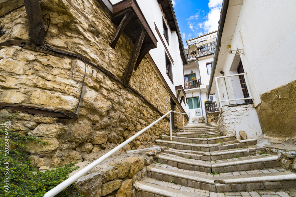 Stairs in Old town in Ohrid, Macedonia. Ohrid and Lake Ohrid were accepted as Cultural and Natural World Heritage Sites by UNESCO