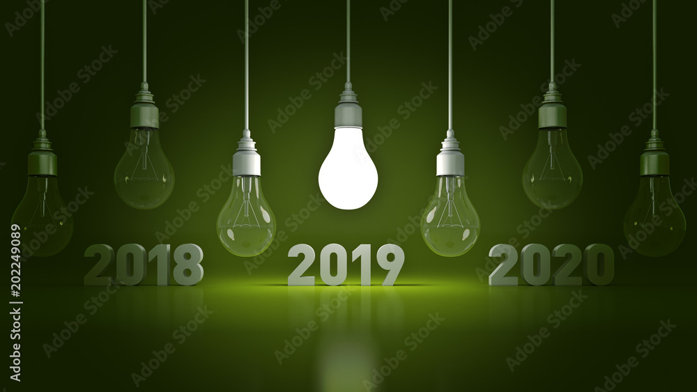 2019 New Year sign inside light bulbs. 3D rendering 2019 New Year sign inside light bulbs. 3D rendering