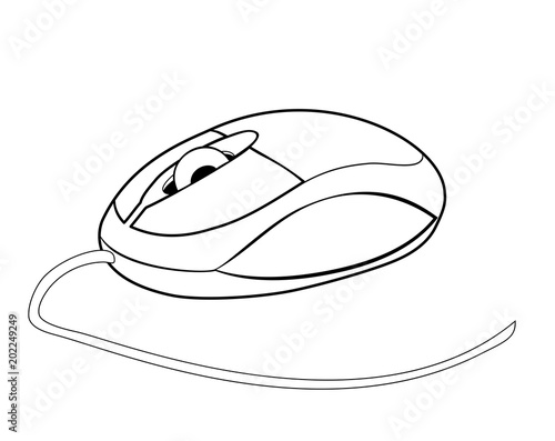 Vector illustration, isolated small computer mouse in black and white colors