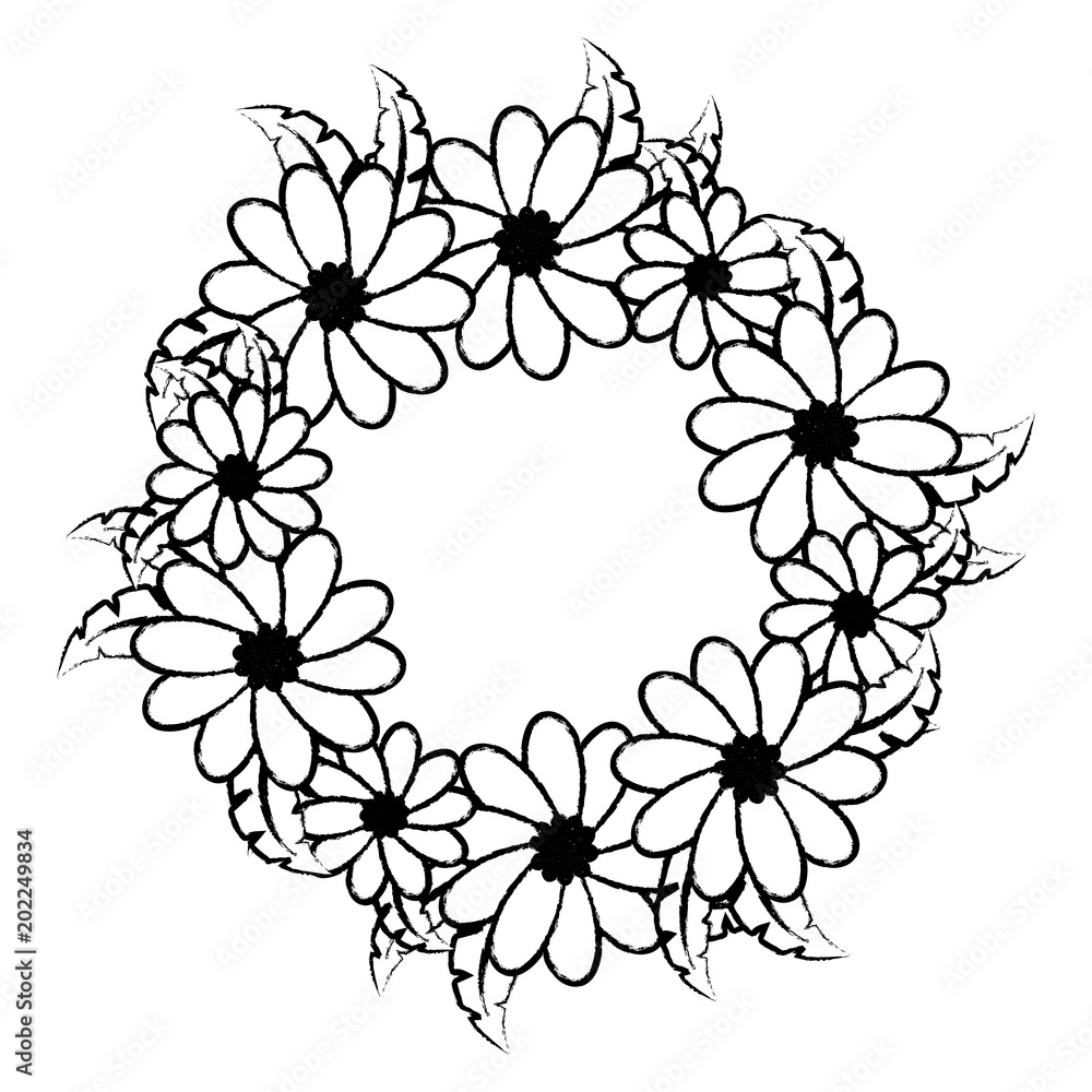 wreath of beautiful flowers and leaves over white background, black and white design. vector illustration