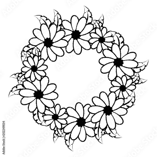 wreath of beautiful flowers and leaves over white background  black and white design. vector illustration