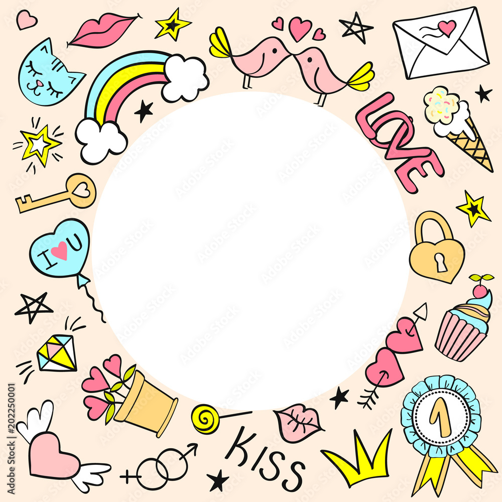 Round frame with hand drawn girly doodles for valentines day, birthday cards, posters. Round frame with hand drawn girly doodles for valentines day, birthday cards, posters.