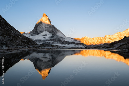 Reflection of the Matterhorn at sunrise, close view