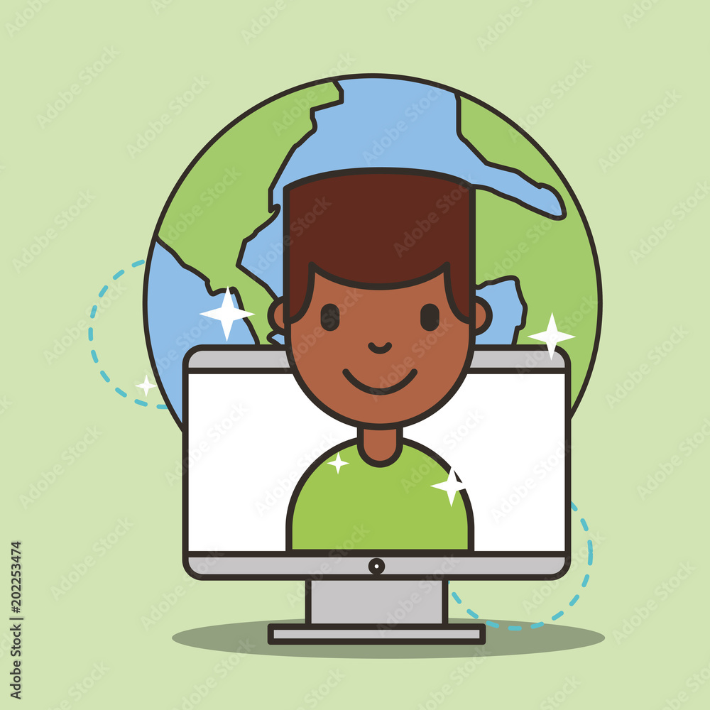 young boy on computer screen social media global vector illustration