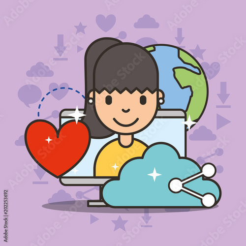 cute girl on computer screen share love cloud social media vector illustration