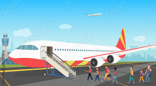 People tourists boarding on a cruise airplane at the airport. Vector illustration.