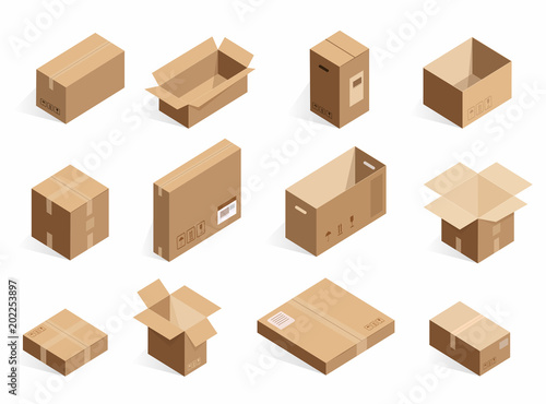 Isometric realistic cardboard delivery boxes. Opened, closed logistic box isolated on the white background.