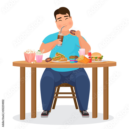 Funny fat obese man eating hamburger fast food. Vector Illustration.