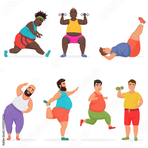 Vector funny chubby fat man characters set doing gym workout exercises. Sport fitness.