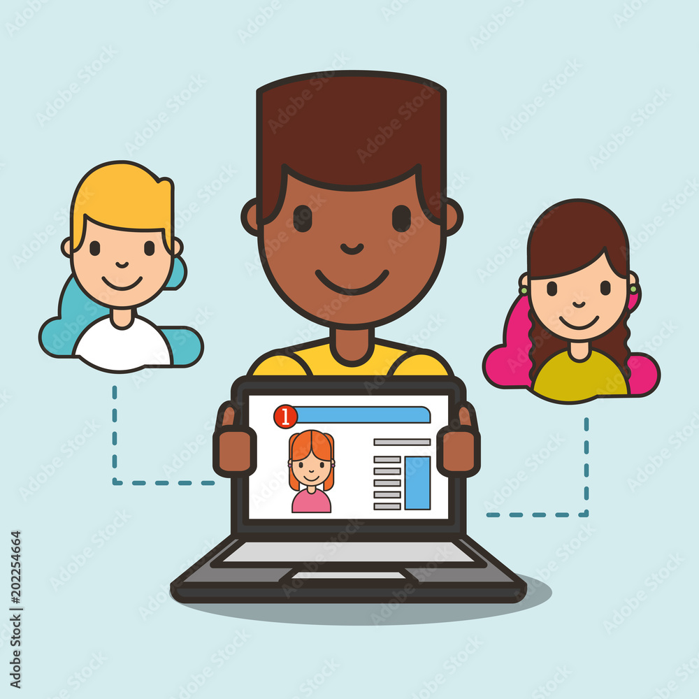 cartoon boy with laptop website girl on screen chatting vector illustration cartoon boy with laptop website girl on screen chatting vector illustration