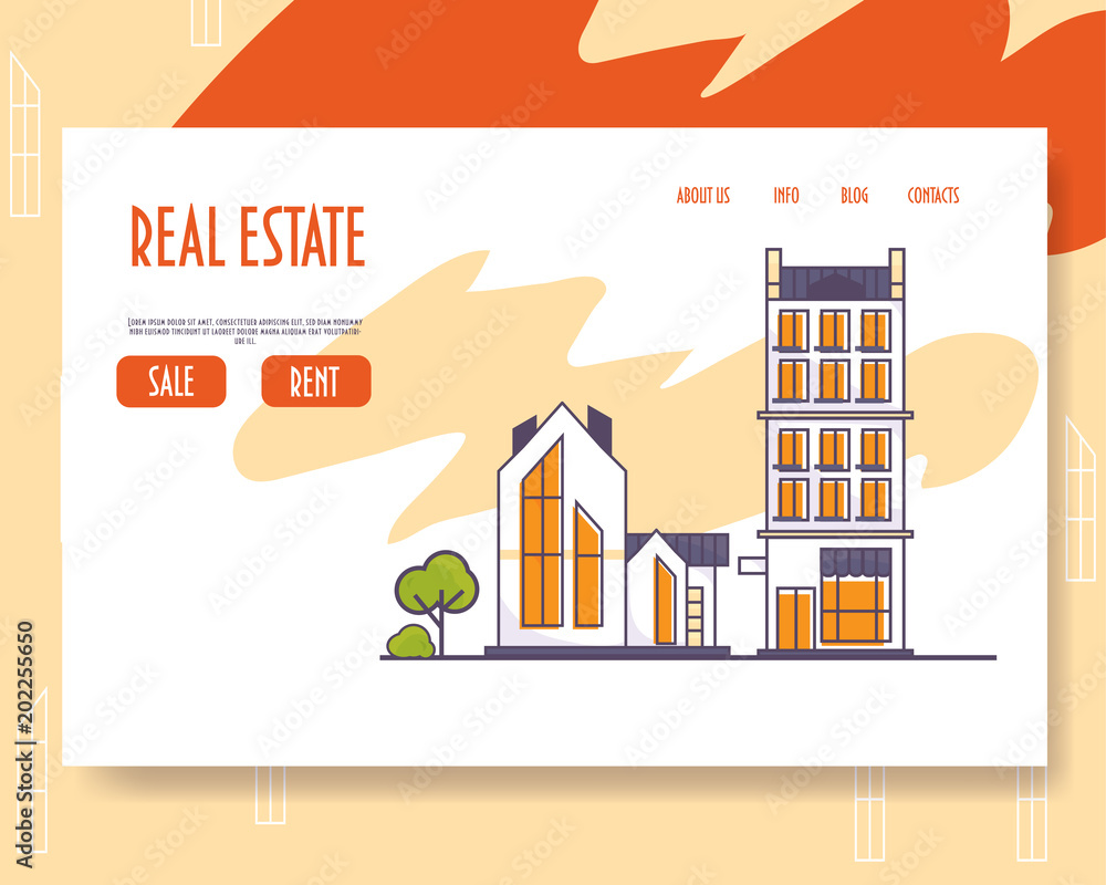 Landing webpage vector concept template with a line art style illustration: Real estate modern architecture style. Neighborhood city houses or buildings for sale or rent.