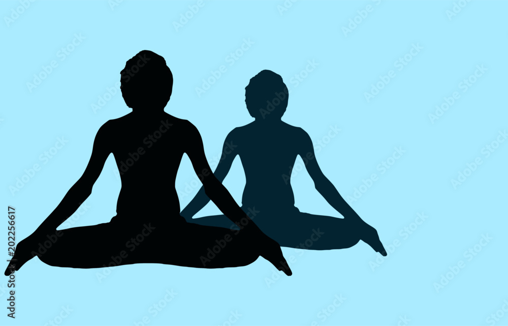 Yoga Meditation Pose two shadow images front back dark blue on light blue  background logo plain clear vector lotus position Stock Vector