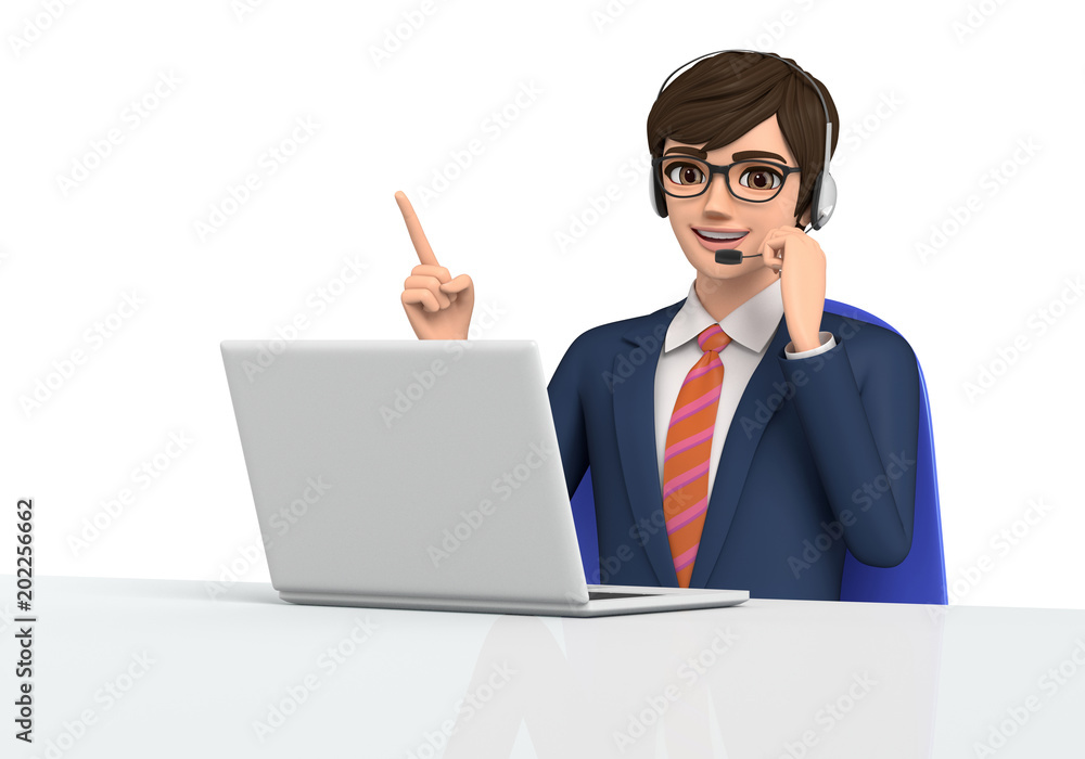 3D illustration character - A business man who talks while watching a note PC. 3D illustration character - A business man who talks while watching a note PC.