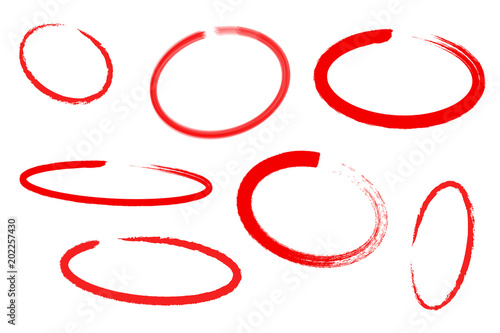 Circle draw set, design elements of highlighting, red marker isolated on white background, vector illustration.